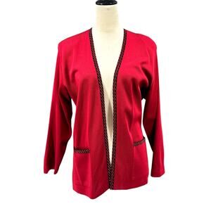 Exclusively Misook Petite Deep Red Knit Black Trim Layering Cardigan Sweater